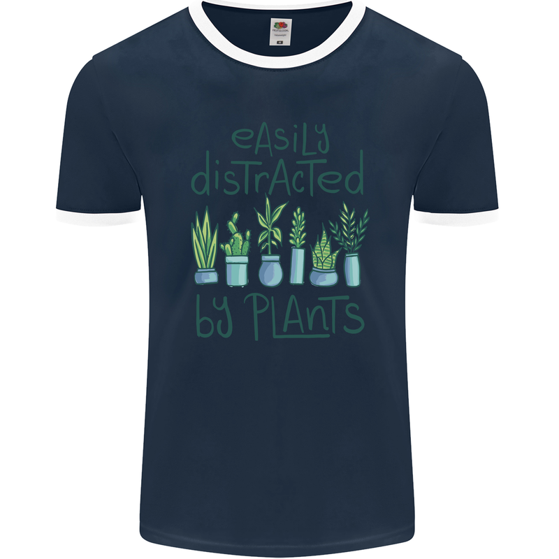 Easily Distracted by Plants Botanist Funny Mens Ringer T-Shirt FotL Navy Blue/White