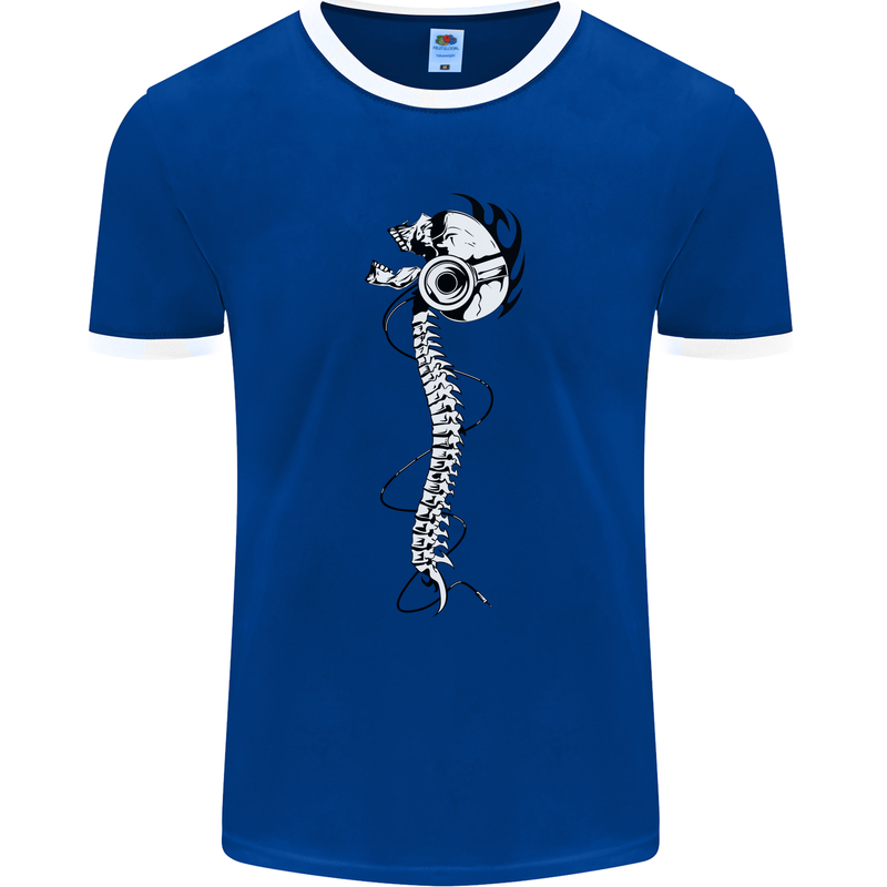 Headphone Wearing Skull Spine Mens Ringer T-Shirt FotL Royal Blue/White
