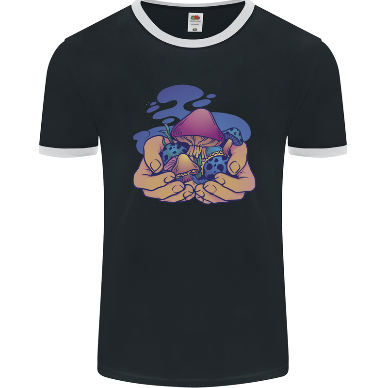 Magic Mushroom Hands Mycology Trippy Mens Ringer T-Shirt FotL Black/White