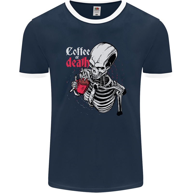 Coffee or Death Skull Mens Ringer T-Shirt FotL Navy Blue/White