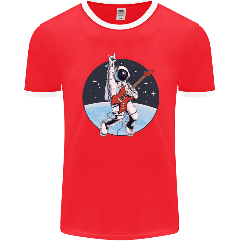 Space Rock Funny Astronaut Guitar Guitarist Mens Ringer T-Shirt FotL Red/White