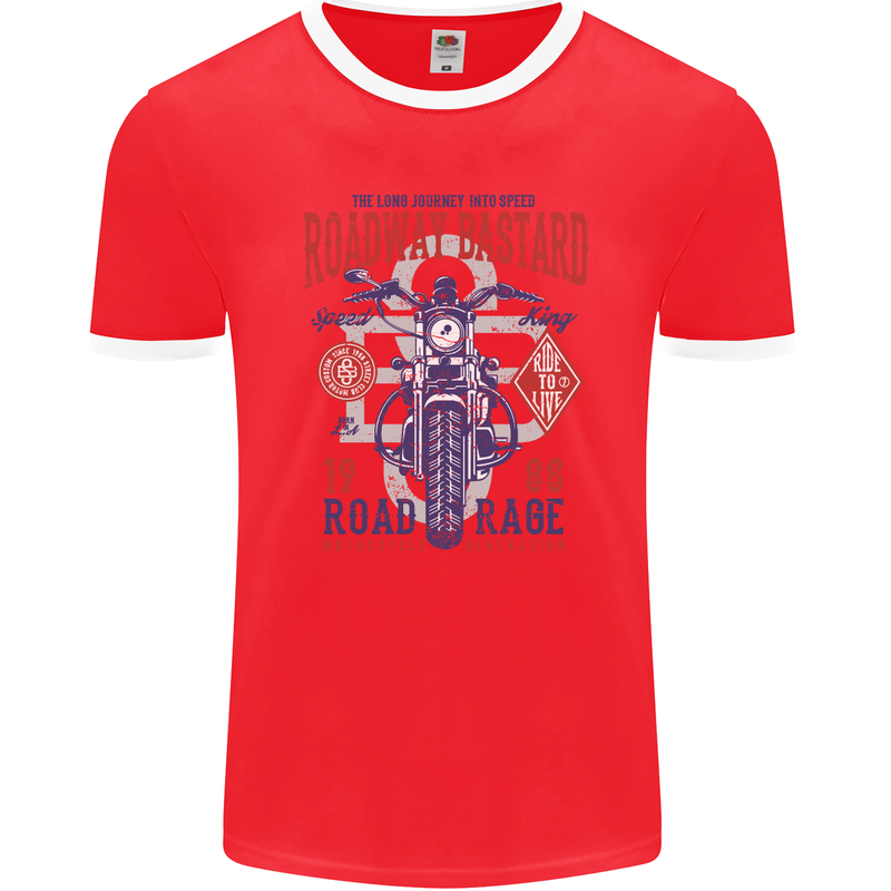 Roadway Bastard Motorcycle Biker Motorbike Mens Ringer T-Shirt FotL Red/White