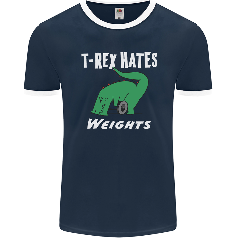 T-Rex Hates Weights Funny Gym Training Top Mens Ringer T-Shirt FotL Navy Blue/White