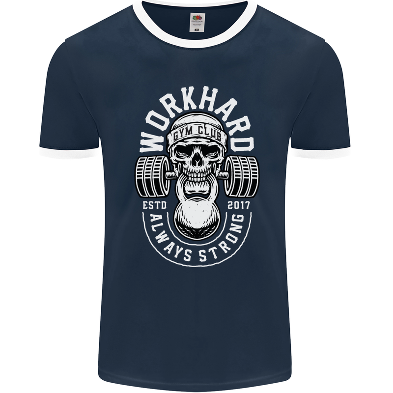 Work Hard Gym Training Top Workout Weights Mens Ringer T-Shirt FotL Navy Blue/White