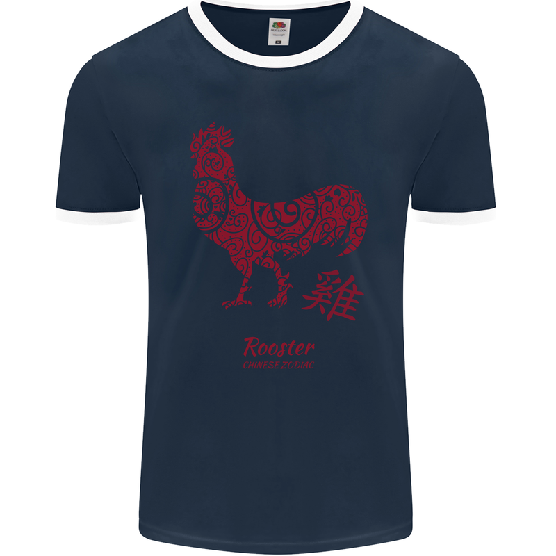 Chinese Zodiac Year of the Rooster Mens Ringer T-Shirt FotL Navy Blue/White