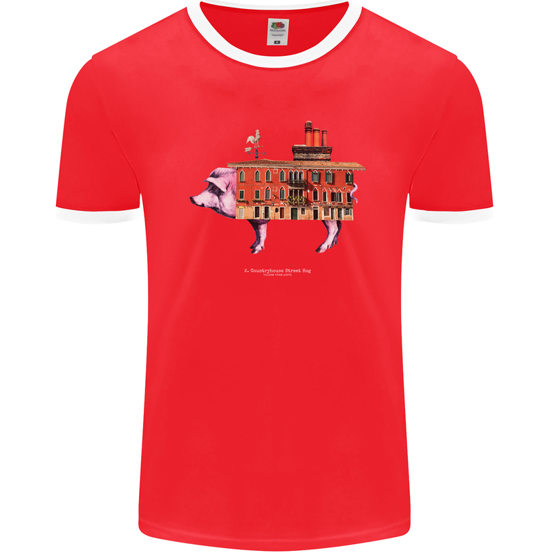 Country House Street Pig Mens Ringer T-Shirt FotL Red/White