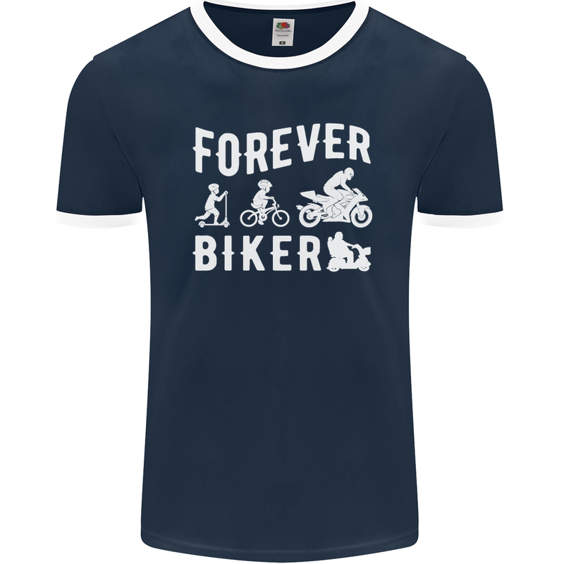 Motorbike Motorcycle Forever Biker Mens Ringer T-Shirt FotL Navy Blue/White