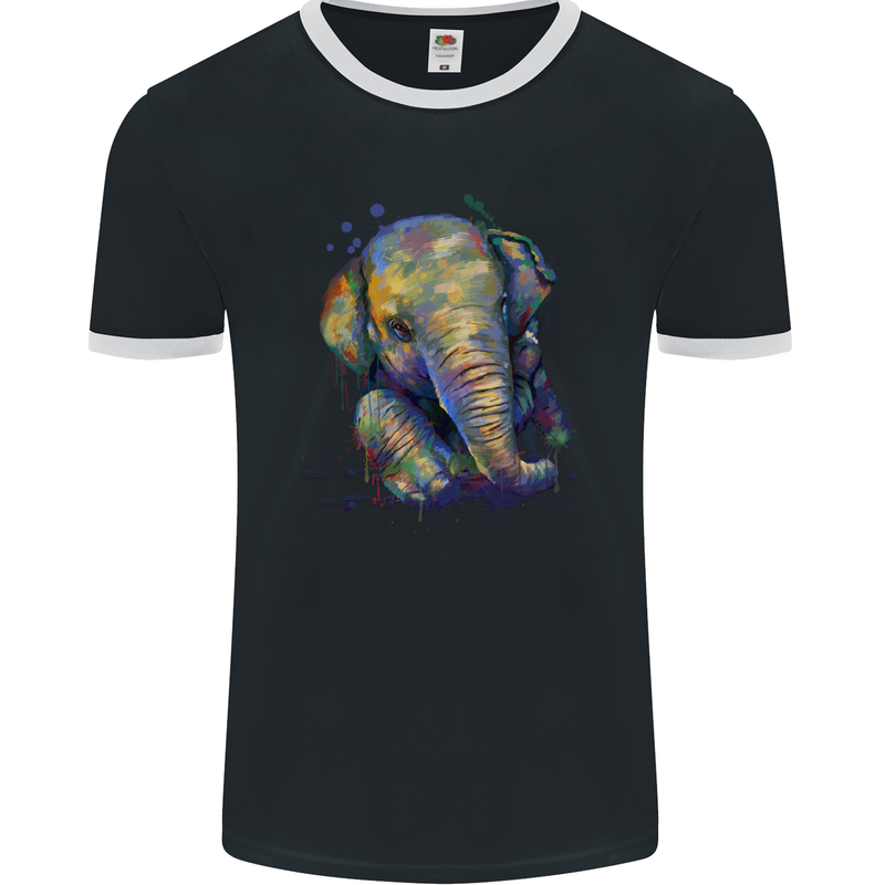 Elephant Hand Drawn Watercolour Mens Ringer T-Shirt FotL Black/White