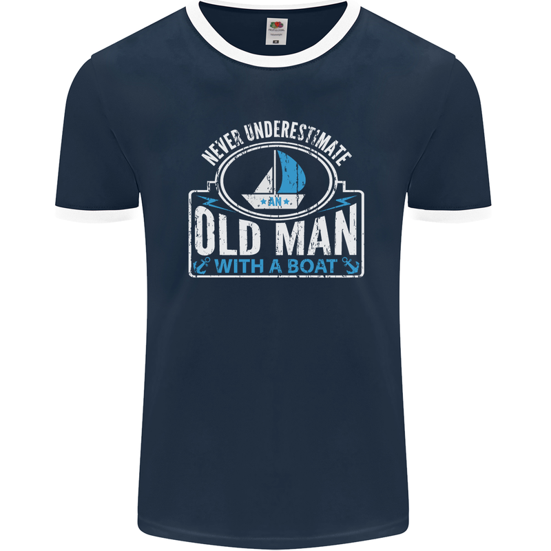 An Old Man With a Boat Sailor Sailing Funny Mens Ringer T-Shirt FotL Navy Blue/White