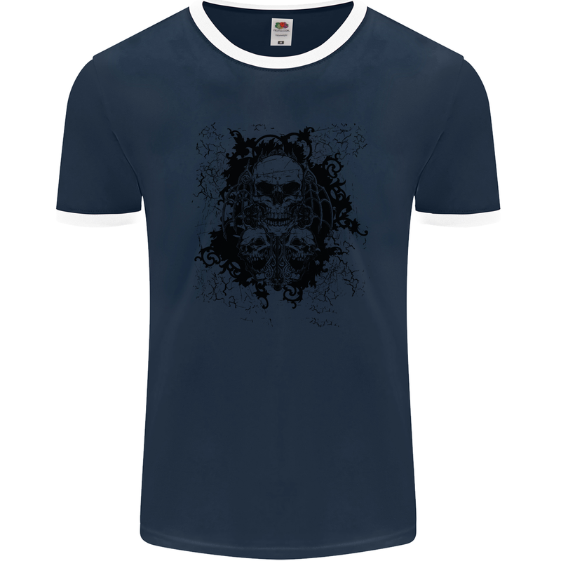 Three Skulls Demon Biker Gothic Tattoo Mens Ringer T-Shirt FotL Navy Blue/White