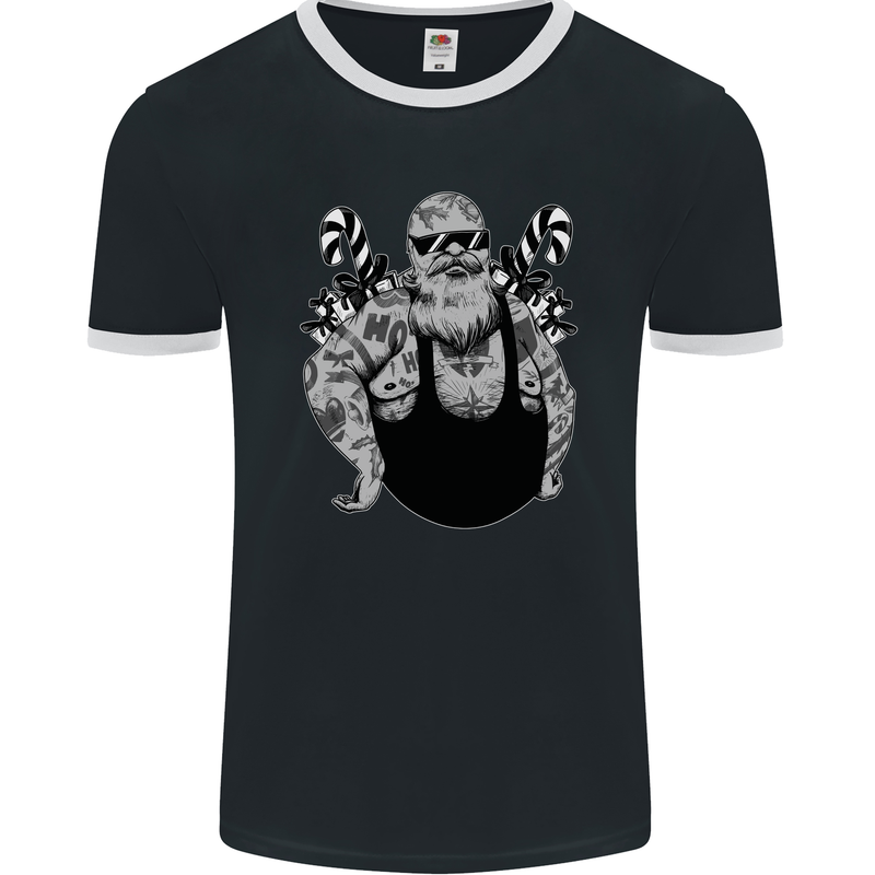 Tattoo Santa Funny Christmas Biker Motorbike Mens Ringer T-Shirt FotL Black/White