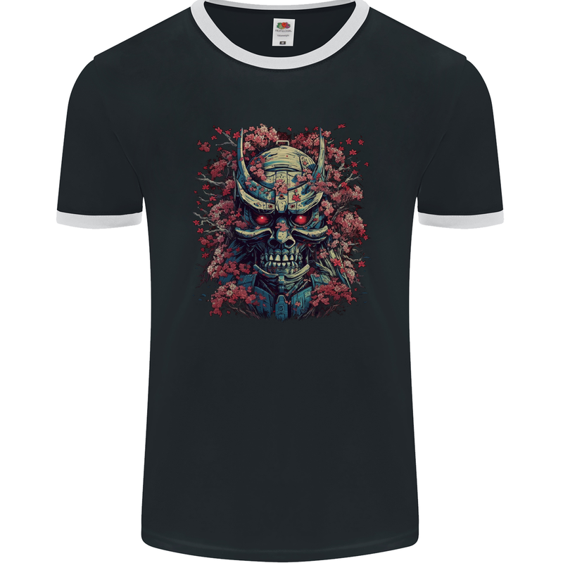 Samurai Oni Mask Bushido Ronin MMA Mens Ringer T-Shirt FotL Black/White