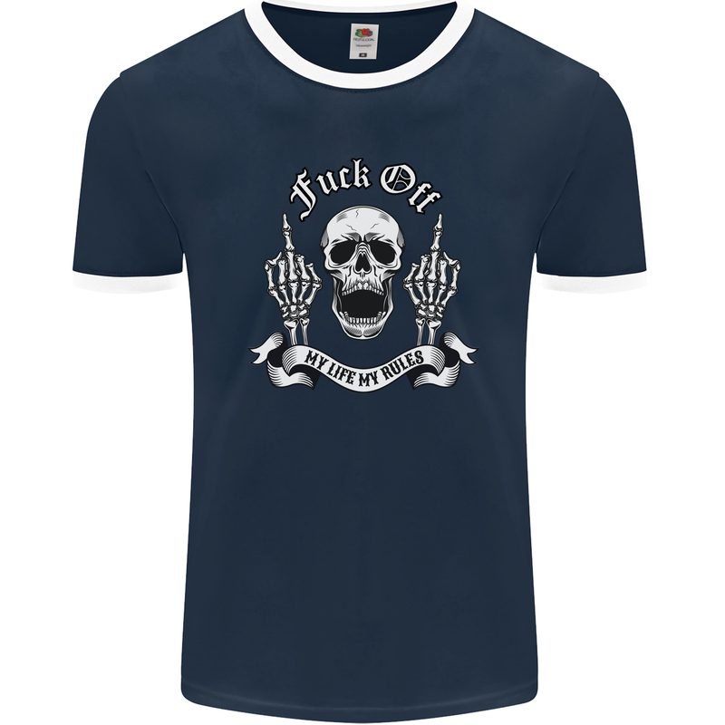 Fook Off My Life Rules Skull Finger Flip Mens Ringer T-Shirt FotL Navy Blue/White