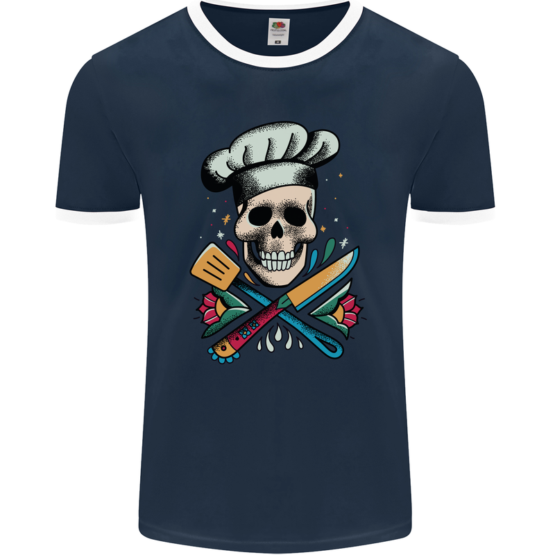 Chef Skull Mens Ringer T-Shirt FotL Navy Blue/White