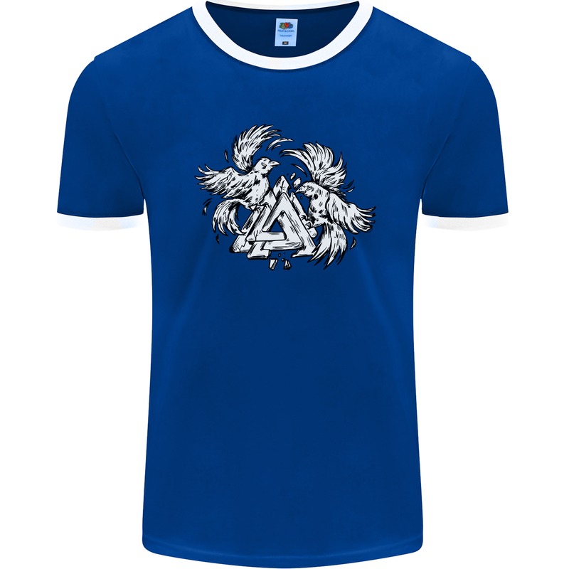 Vikings Valknut Symbol With Ravens Mens Ringer T-Shirt FotL Royal Blue/White