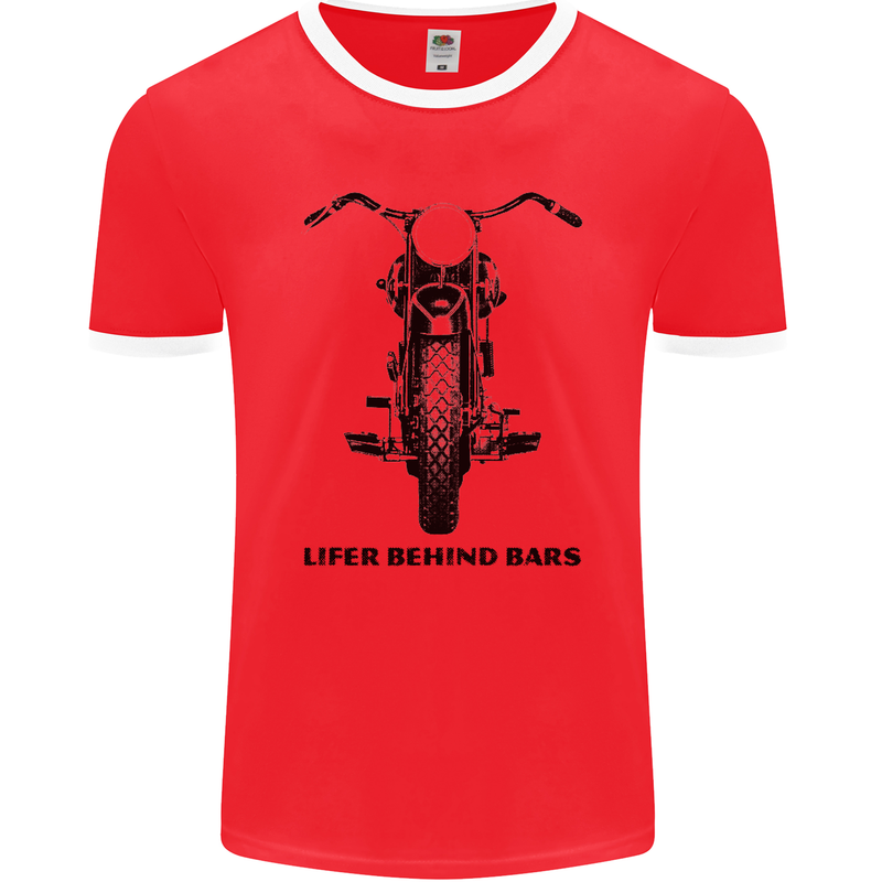 Lifer Behind Bars Motorcycle Motorbike Mens Ringer T-Shirt FotL Red/White