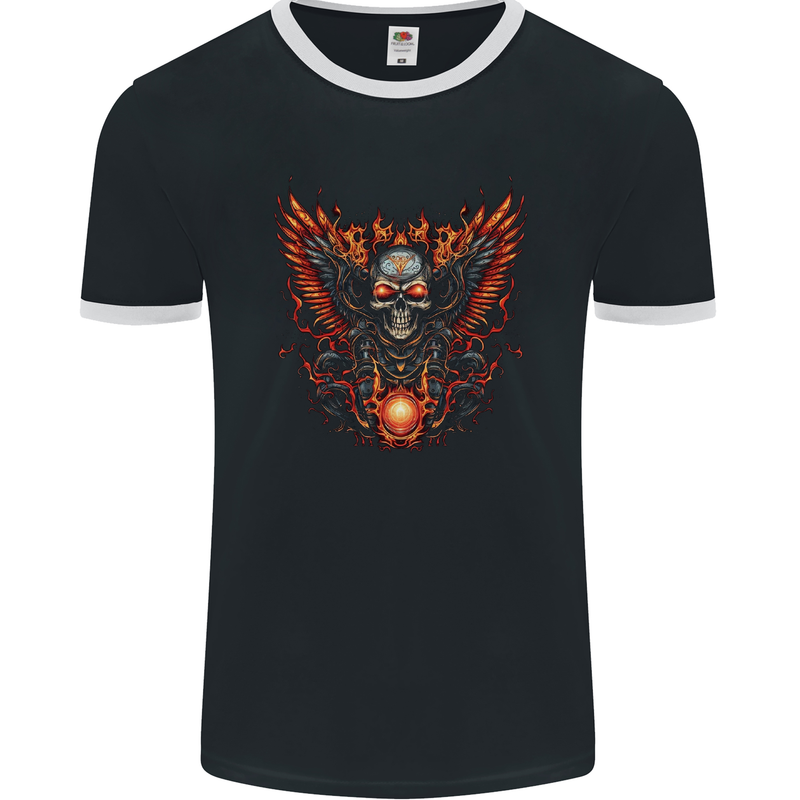 Biker Wings Motorbike Motorcycle Skull Mens Ringer T-Shirt FotL Black/White