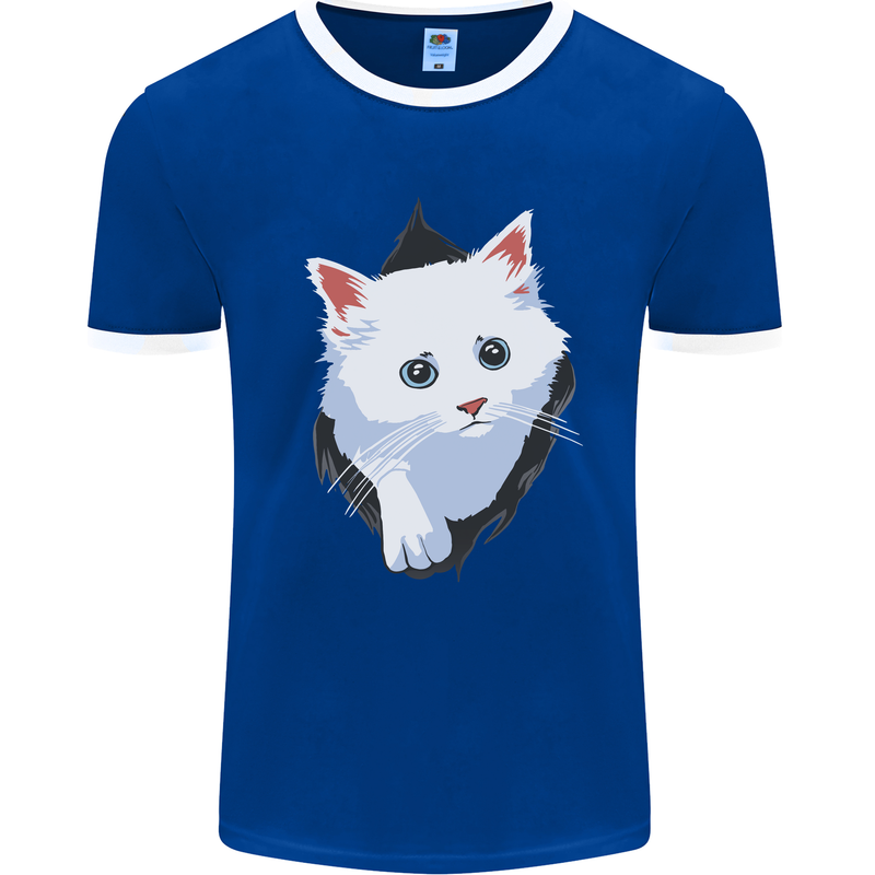 A Cat Rip Mens White Ringer T-Shirt Royal Blue/White