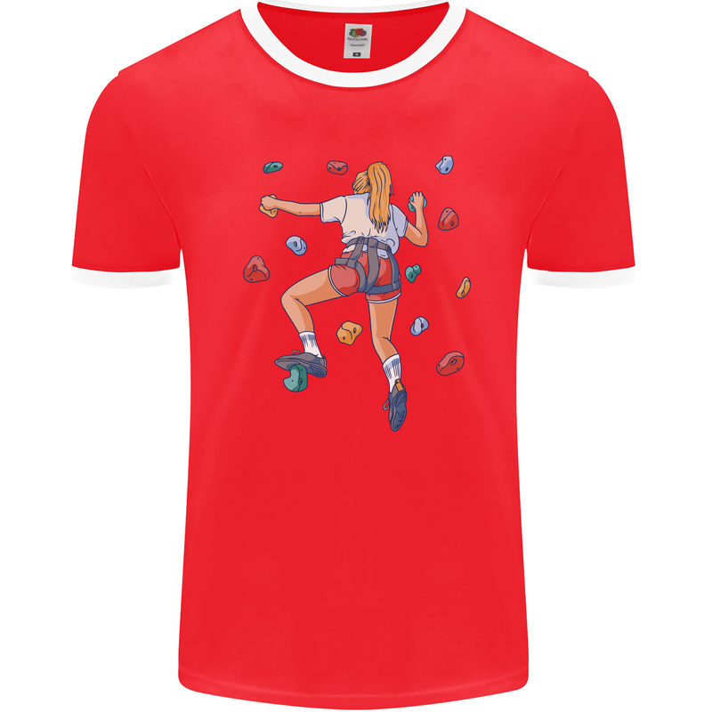 Female Rock Climber Climbing Wall Mens Ringer T-Shirt FotL Red/White