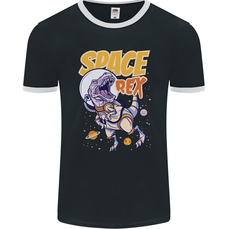 Space T-Rex Dinosaur Dino Astronaut Mens Ringer T-Shirt FotL Black/White