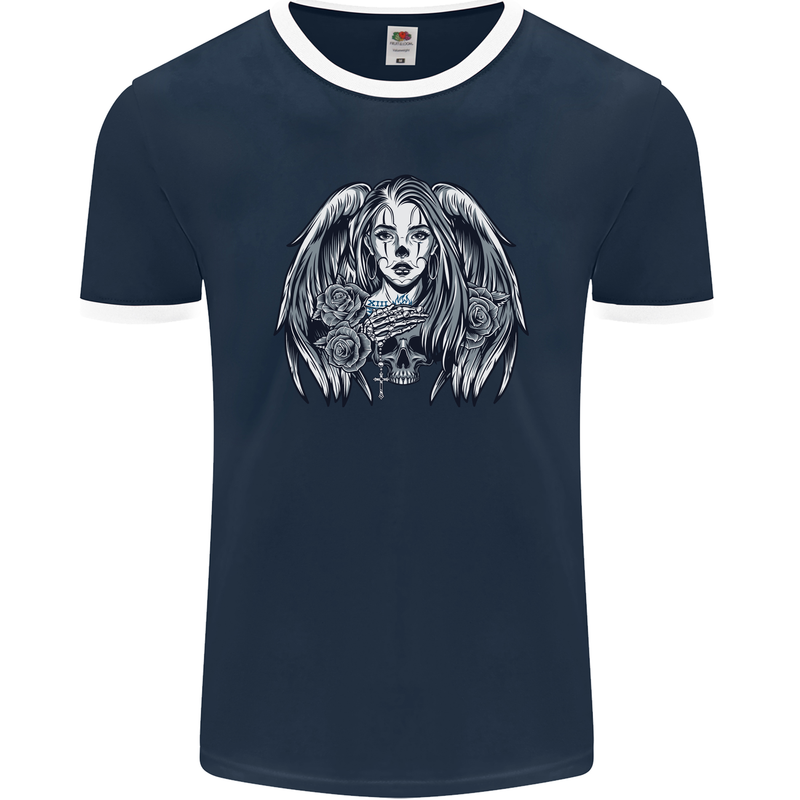 Heaven & Hell Angel Skull Day of the Dead Mens Ringer T-Shirt FotL Navy Blue/White