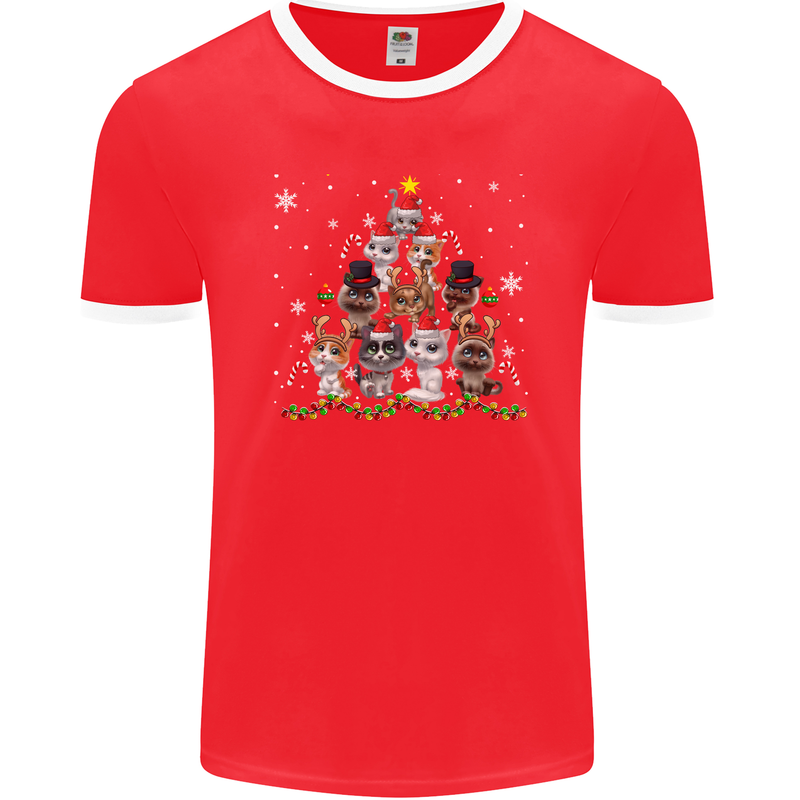 Christmas Cat Tree Funny Xmas Mens Ringer T-Shirt FotL Red/White