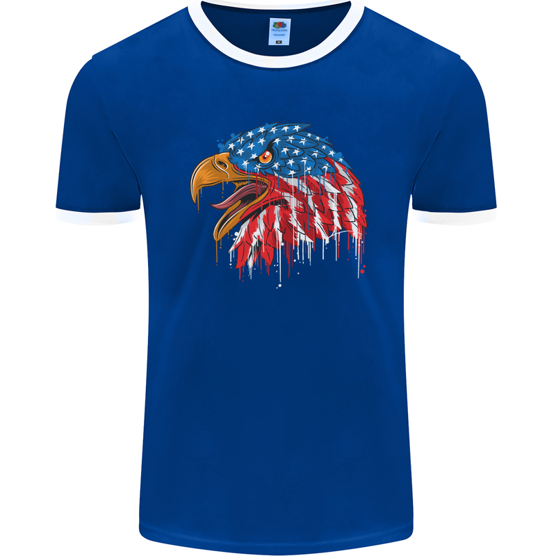 American Eagle USA Flag July 4th Mens Ringer T-Shirt FotL Royal Blue/White