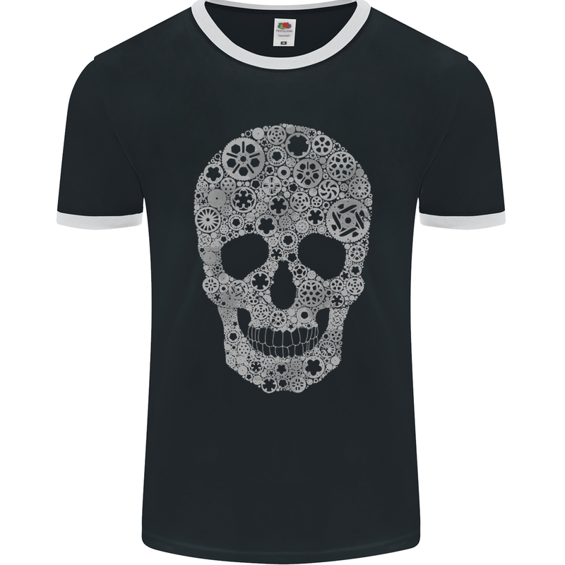 Gear Skull Biker Motorcycle Motorbike Cars Mens Ringer T-Shirt FotL Black/White