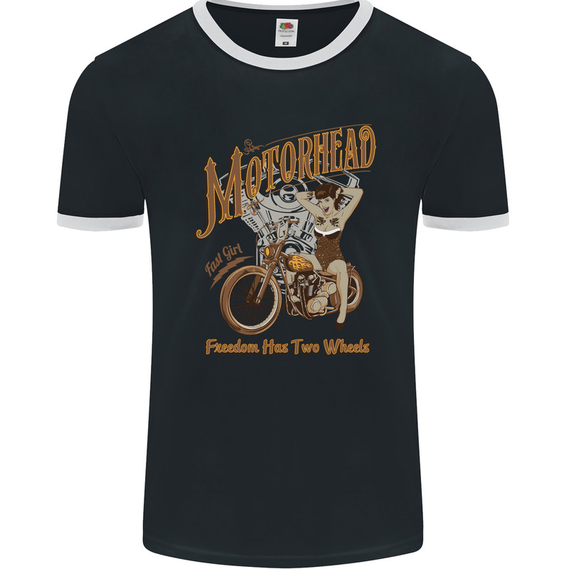 Freedom Has Two Wheels Motorcycle Biker Mens Ringer T-Shirt FotL Black/White