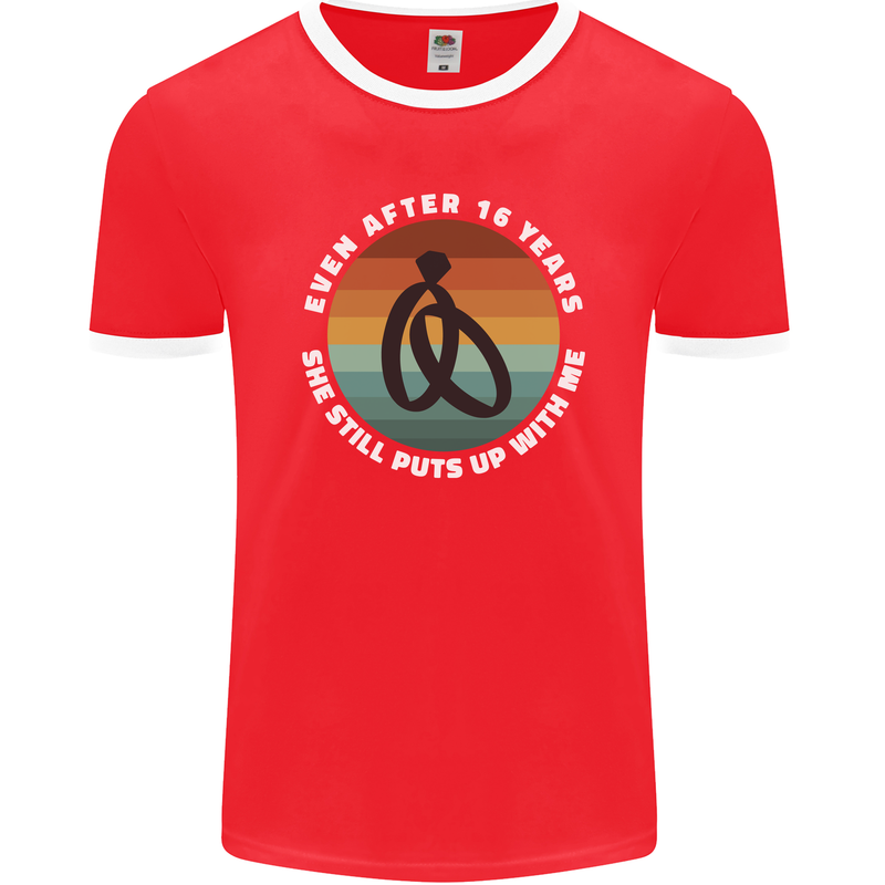 16 Year Wedding Anniversary 16th Marriage Mens Ringer T-Shirt FotL Red/White