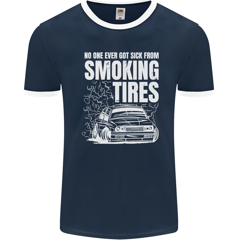 Burning Tires Car Drifting Mens Ringer T-Shirt FotL Navy Blue/White