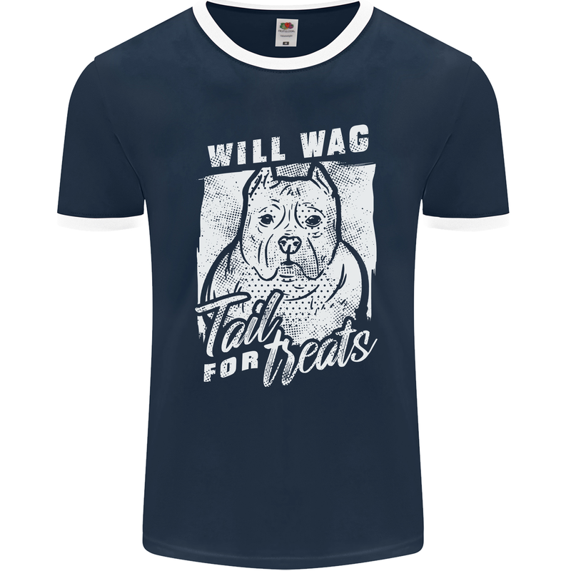 Staffordshire Terrier Wag For Treats Funny Mens Ringer T-Shirt FotL Navy Blue/White