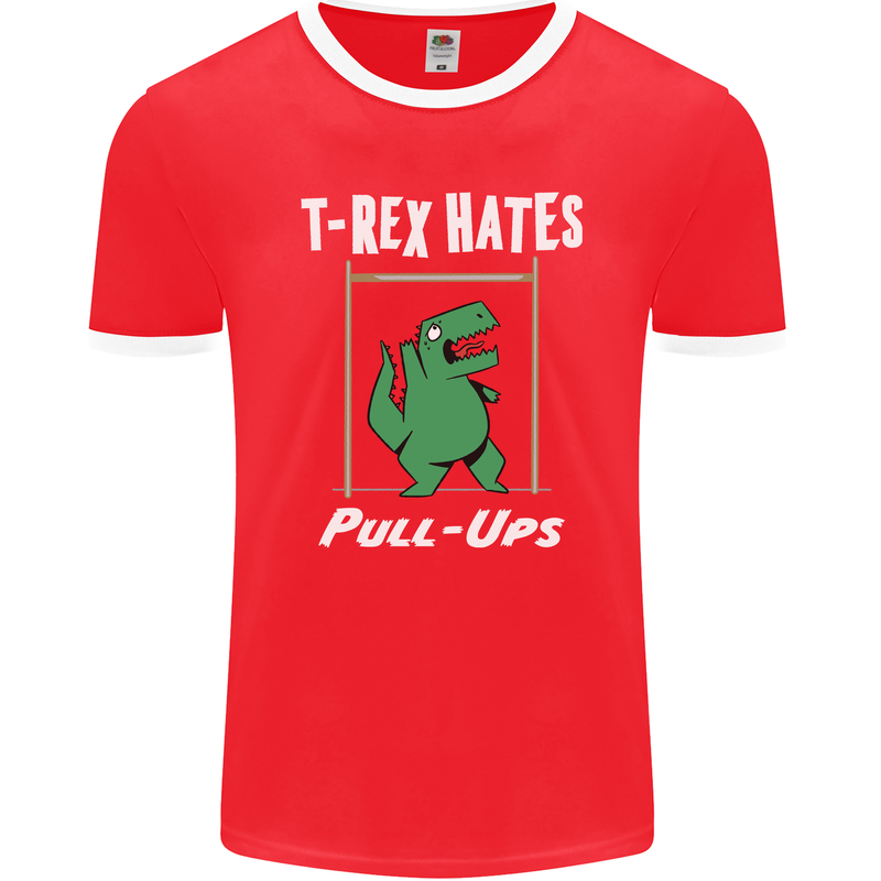 T-Rex Hates Pull Ups Gym Funny Dinosaurs Mens Ringer T-Shirt FotL Red/White