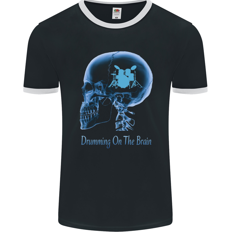 Drumming on the Brain Drummer Drum Funny Mens Ringer T-Shirt FotL Black/White