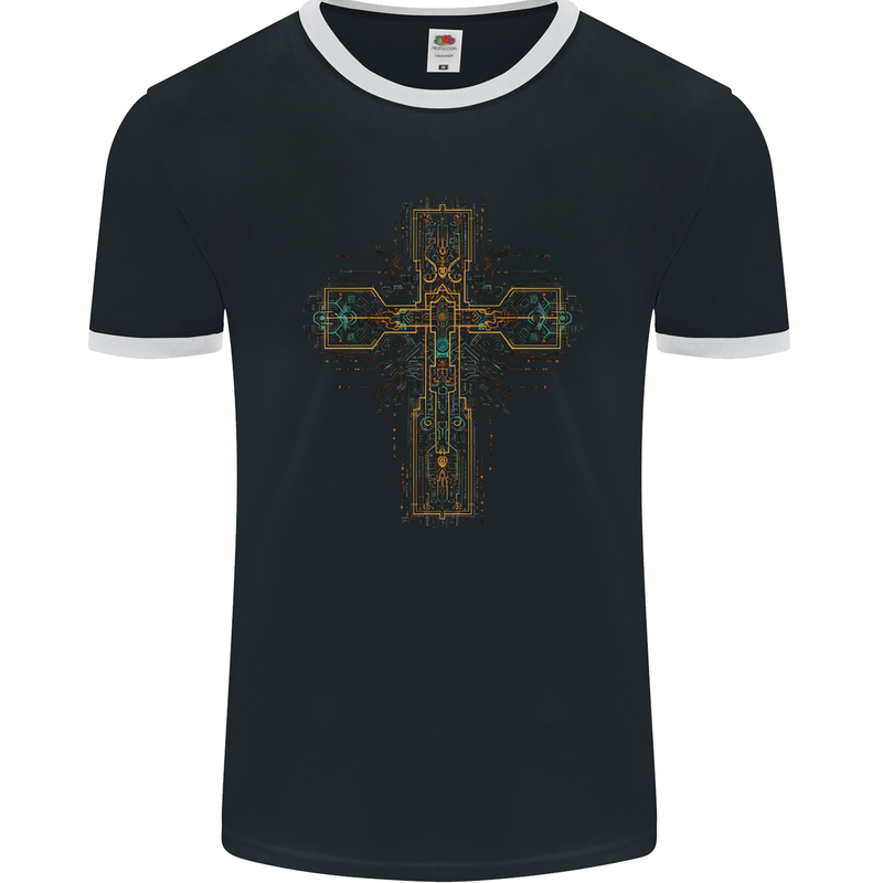 A Circuit Board Cross Gothic Goth Techy Mens Ringer T-Shirt FotL Black/White