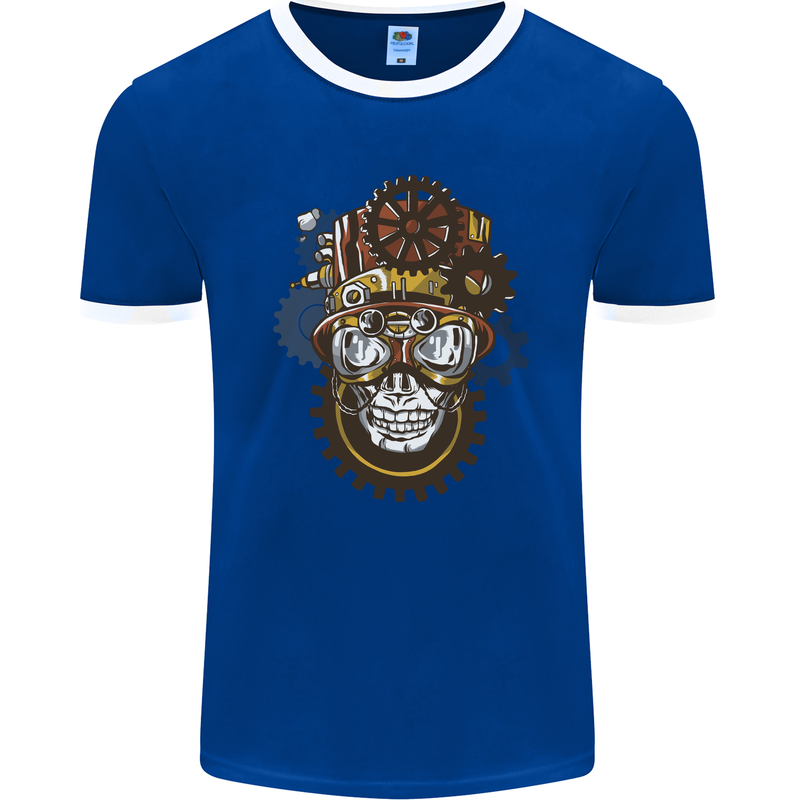 Steampunk Skull Mens Ringer T-Shirt FotL Royal Blue/White