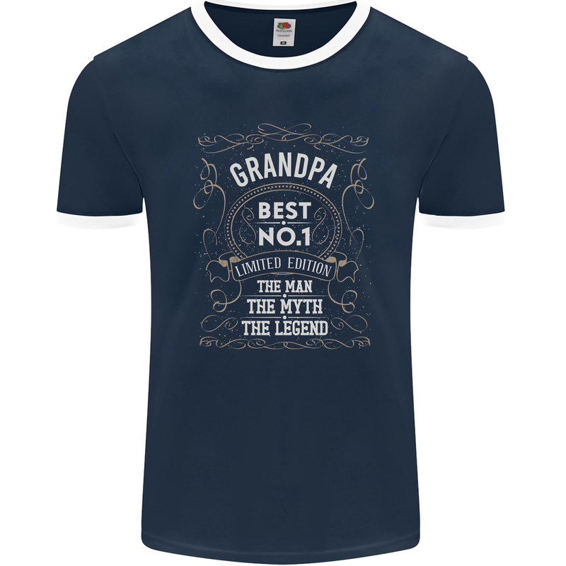 Father's Day No 1 Grandpa Man Myth Legend Mens Ringer T-Shirt FotL Navy Blue/White