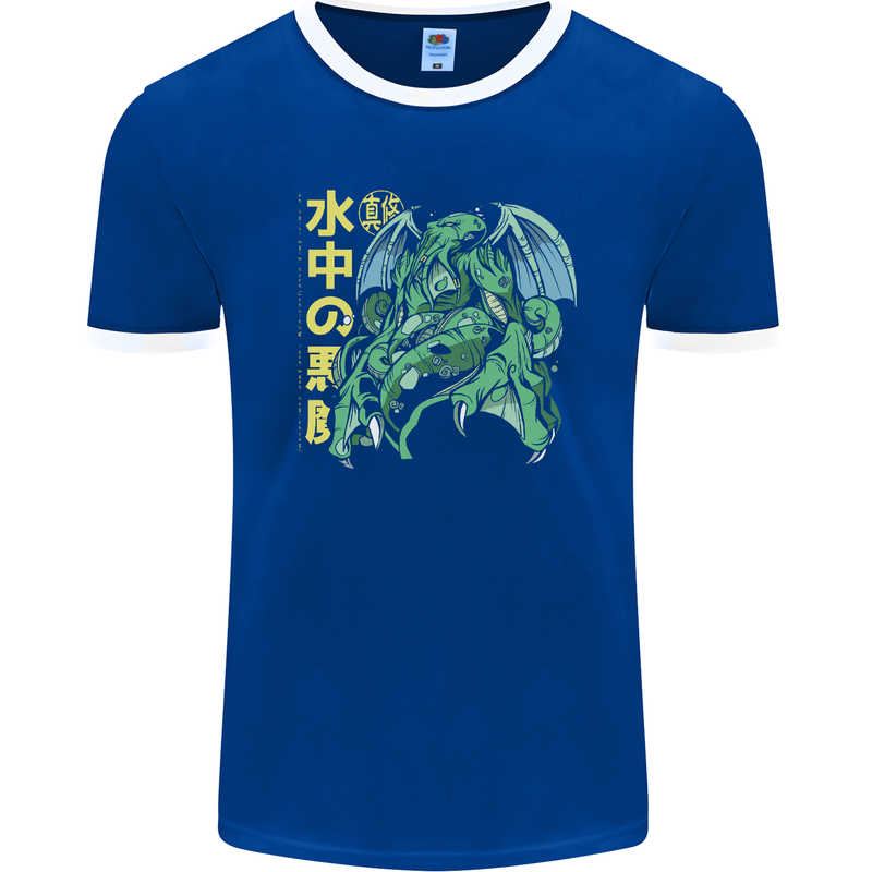 Japanese Anime Cthulhu Kraken Mens Ringer T-Shirt FotL Royal Blue/White