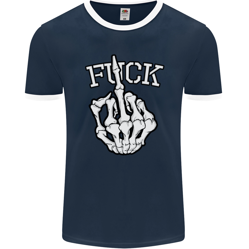 Finger Flip Fuck Skull Offensive Biker Mens Ringer T-Shirt FotL Navy Blue/White