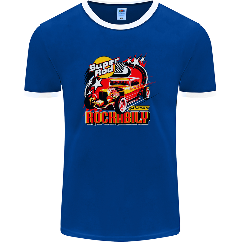 Rockabily Hot Rod Hotrod Dragster Mens Ringer T-Shirt FotL Royal Blue/White