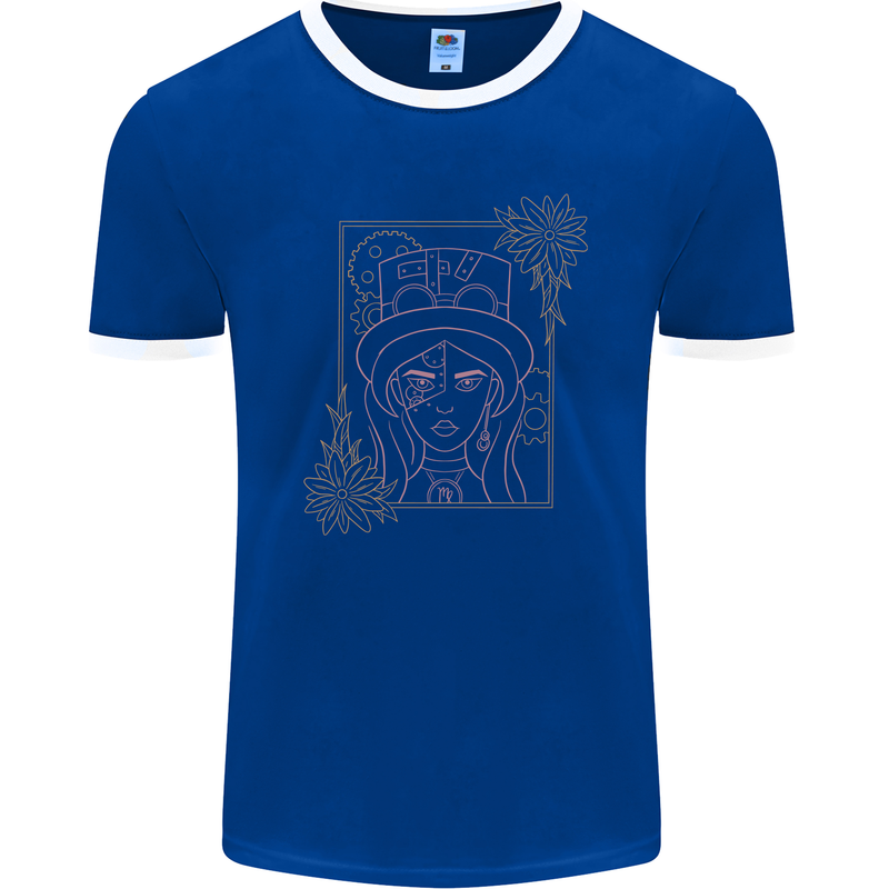 Virgo Steampunk Zodiac Star Sign Astrological Mens Ringer T-Shirt FotL Royal Blue/White