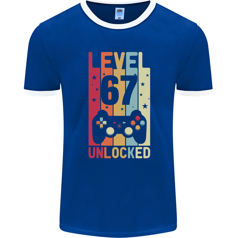 67th Birthday 67 Year Old Level Up Gamming Mens Ringer T-Shirt FotL Royal Blue/White