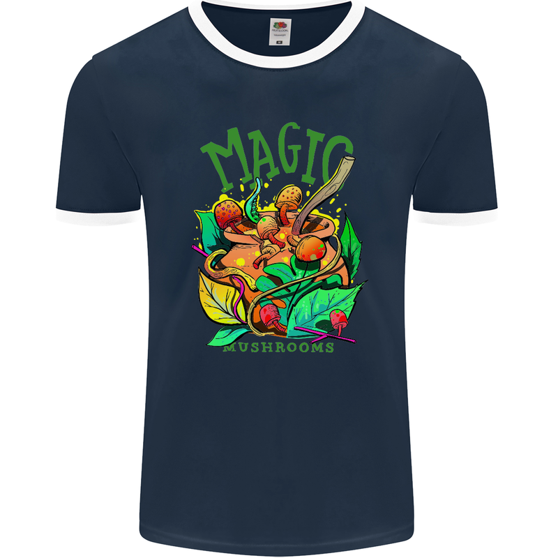 Magic Mushrooms Drugs LSD Acid Trip Mens Ringer T-Shirt FotL Navy Blue/White