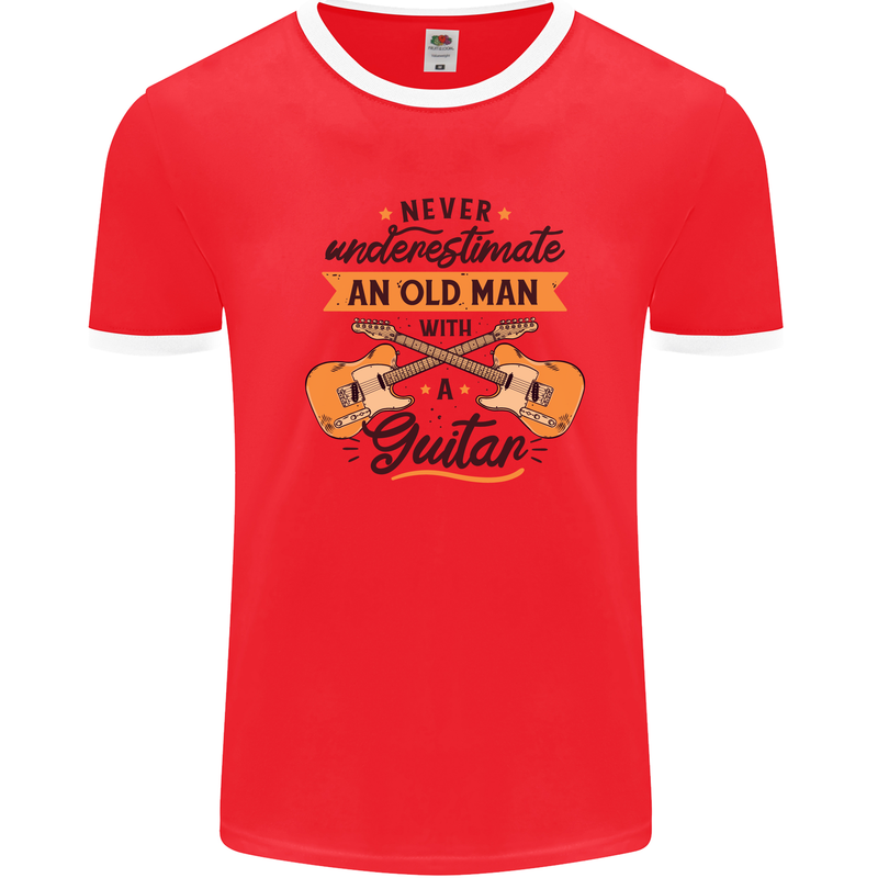 Never Underestimate an Old Man Guitar Mens White Ringer T-Shirt Red/White