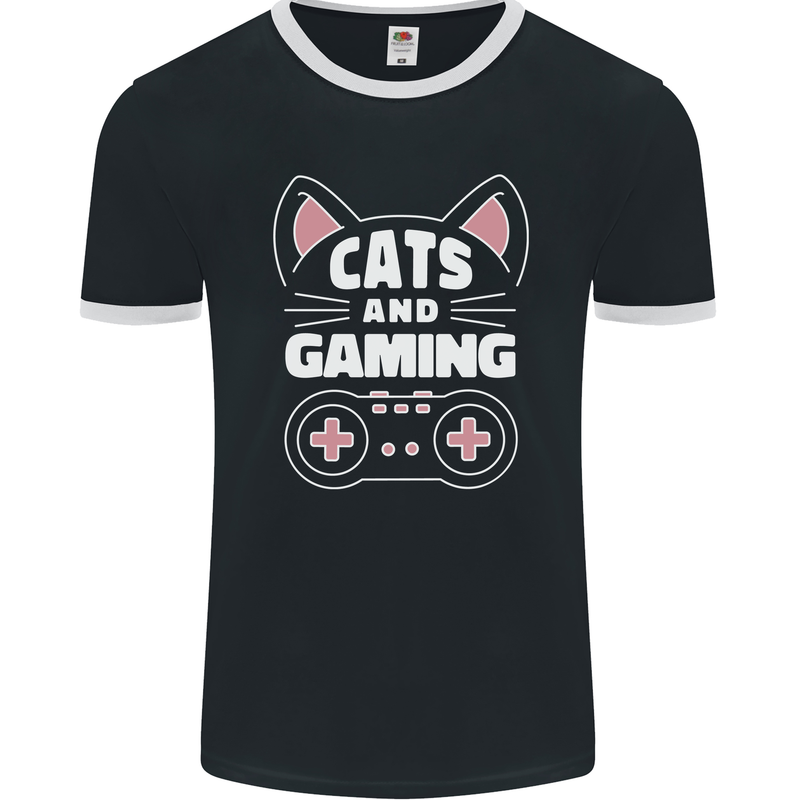 Cats and Gaming Funny Gamer Mens Ringer T-Shirt FotL Black/White