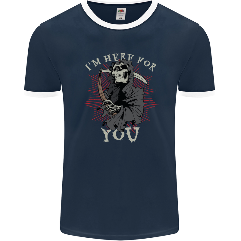 I'm Here For You Grim Reaper Skull Devil Mens Ringer T-Shirt FotL Navy Blue/White