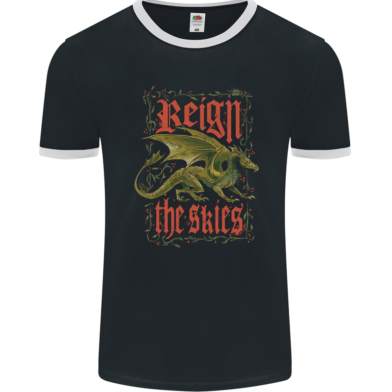 Fantasy Dragons Reign the Skies Mens Ringer T-Shirt FotL Black/White