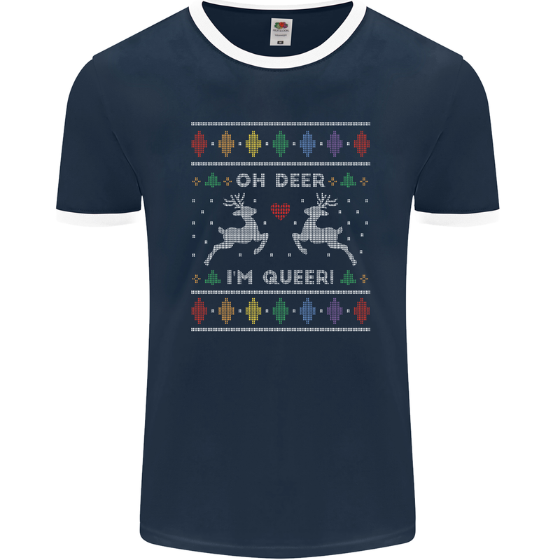 Christmas LGBT Oh Deer I'm Queer Gay Pride Mens Ringer T-Shirt FotL Navy Blue/White