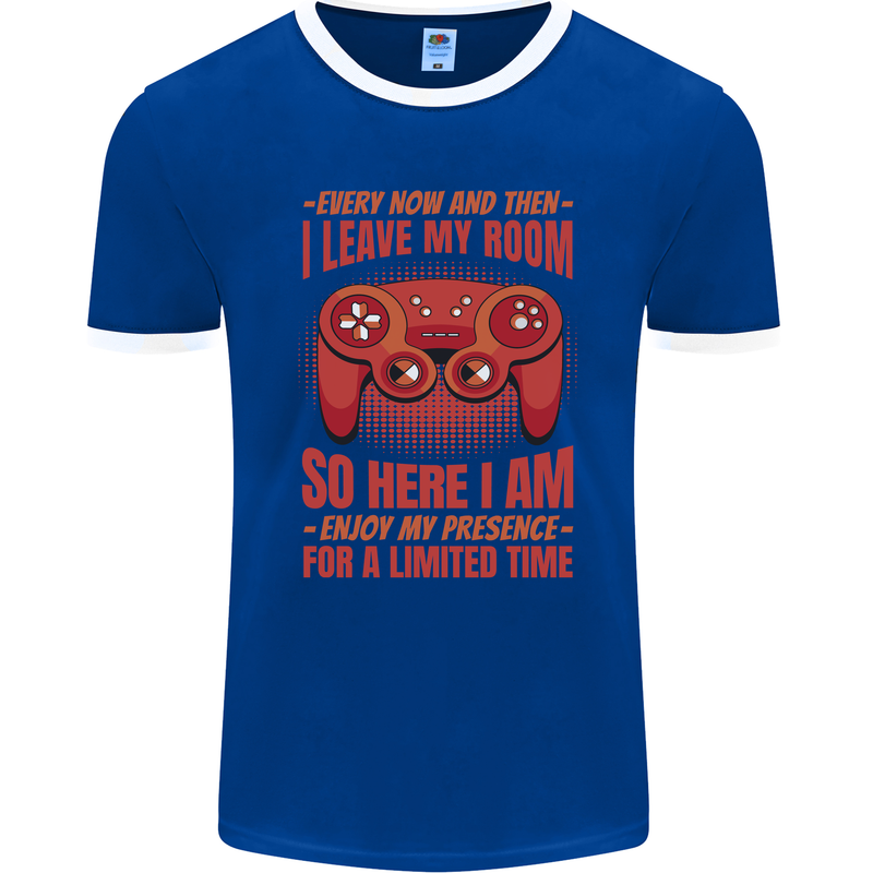 Every Now & Then I Leave My Room Gamer Mens Ringer T-Shirt FotL Royal Blue/White