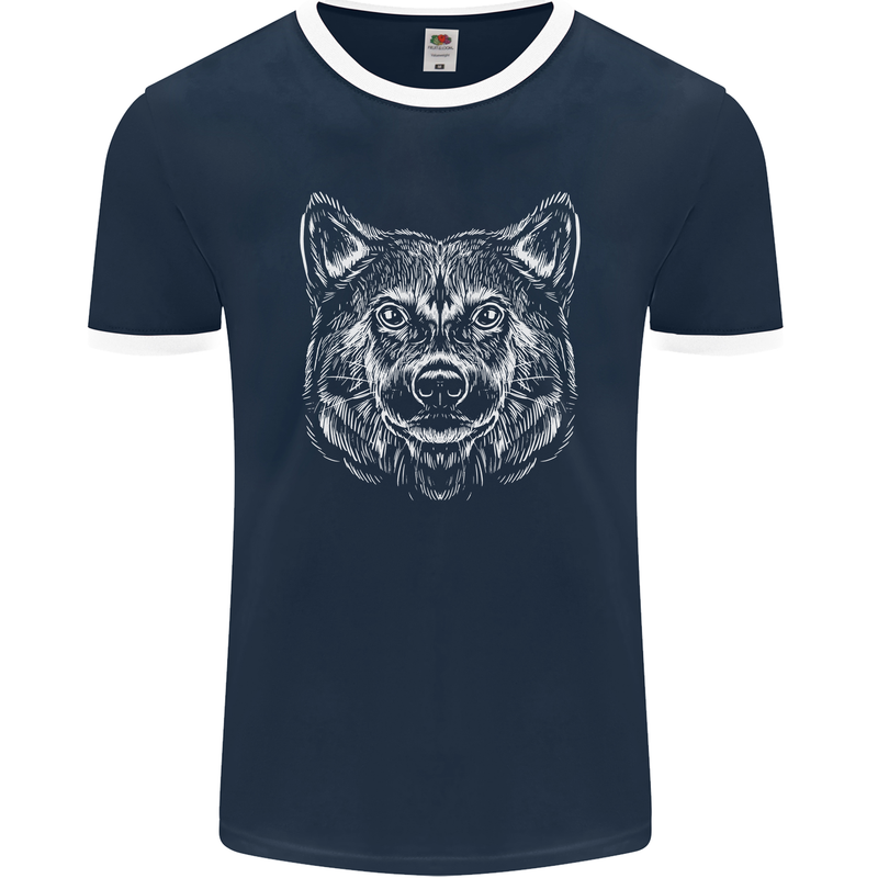 A Shiba Dog Drawing Mens Ringer T-Shirt FotL Navy Blue/White